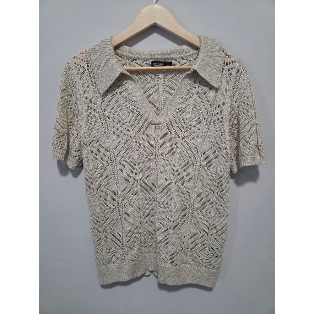 Simply Vera Vera Wang Beige Diamond Pointelle Knit Short Sleeve V-Neck Sweater L